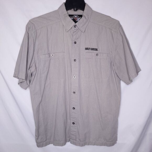 Harley Davidson Shirt Mens Large Gray Pinstripe Embroidered Y2K Button Down - Picture 3 of 12